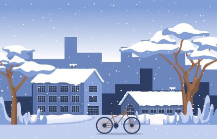 دانلود وکتور صحنه دنج زمستانی برفی در شهر با خانه های درختان و دوچرخه