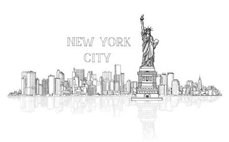 دانلود وکتور نیویورک آمریکا پس زمینه افق حکاکی سیلوئت شهر با بنای یادبود آزادی نشانه های آمریکایی منظره معماری شهری منظره شهری با ساختمان های معروف