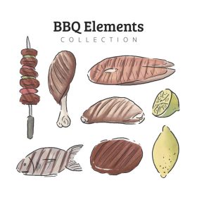دانلود وکتور آبرنگ گوشت و عناصر مجموعه bbq برای استفاده در بروشور یا بروشور منوی رستوران