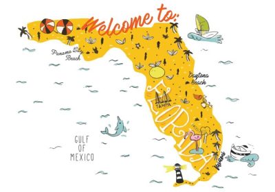 دانلود وکتور فلوریدا مکان های جالب زیادی برای بازدید به خصوص سواحل آنها دارد این نقشه تصویری به عنوان پوستر شما عالی است