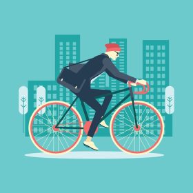 دانلود وکتور تاجر مرد باحال دوچرخه سواری تا دفتر عالی برای کاغذ دیواری و کارت عنصر اینفوگرافی پوستر