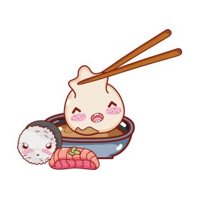 دانلود وکتور چوب کاوائی با کوفته در سس برنج و غذای ماهی کارتون ژاپنی تصویر وکتور سوشی و رول