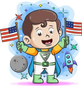 دانلود وکتور پسر فوق العاده که دو پرچم را در دست در اطراف فضا دارد