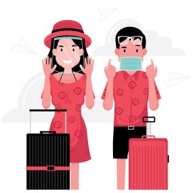 دانلود وکتور مرد و زن با چمدان و پوشیدن ماسک صورت و محافظ صورت برای سفر به سبک طراحی مسطح در پس زمینه خنثی