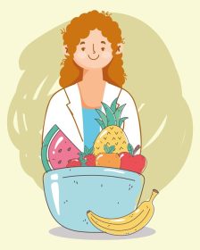 دانلود وکتور غذای پزشک متخصص تغذیه زن با میوه بازار تازه