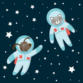 دانلود وکتور وکتور گربه و سگ فضانورد خنده دار در فضا با سیارات و