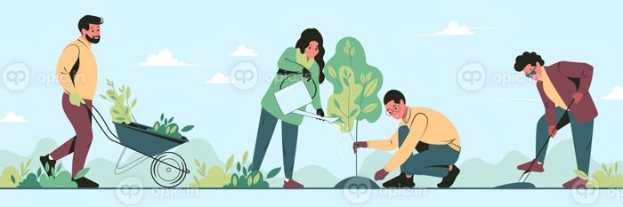 دانلود وکتور داوطلبان جوان درخت کاشت در پارک شهر در گروه بهار افراد برای بهبود محیط با هم کار می کنند تصویر برداری مسطح