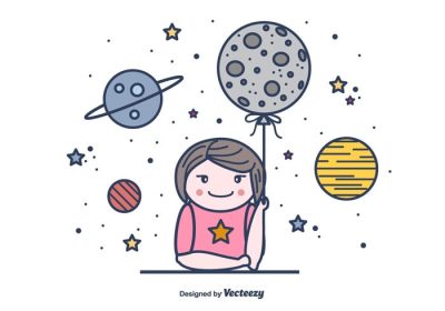 دانلود تصویر برداری وکتور دختری که بادکنک را مانند ماه در دست گرفته است که توسط سیارات و ستاره ها احاطه شده است
