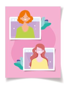 دانلود وکتور شخصیت های زن که از طریق فاصله اجتماعی و فعالیت های آنلاین به هم متصل می شوند در قالب کارت تصویر برداری