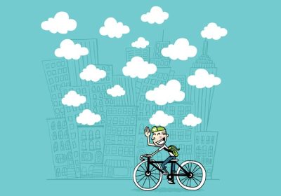 دانلود وکتور یک تصویر زیبا از یک پسر دوستانه که دوچرخه سواری خود را در شهر با ابرهای سفید در پس زمینه
