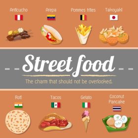 دانلود وکتور جهانی پوستر غذای خیابانی بین المللی با غذاهای متنوع از کشورهای مختلف