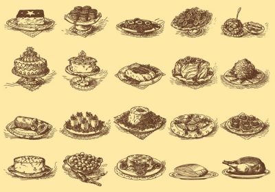 دانلود وکتور مجموعه غذاهای خوشمزه برای پروژه های دستور غذا انتشارات مواد غذایی یا موضوعات آشپزخانه در طرح های شما
