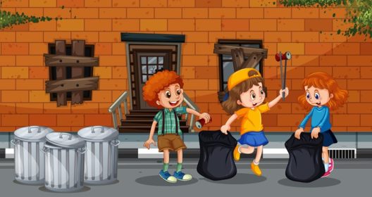 دانلود وکتور بچه ها جمع آوری زباله در شهر تصویر