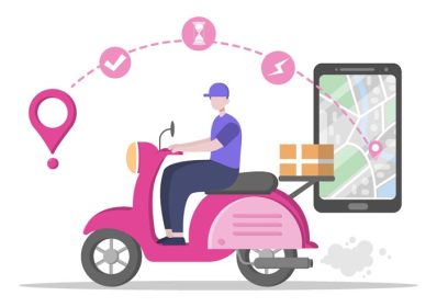 دانلود وکتور تصویر تخت تحویل آنلاین برای ردیابی سفارش خدمات پیک حمل و نقل کالا تدارکات شهری با استفاده از کامیون یا موتور سیکلت
