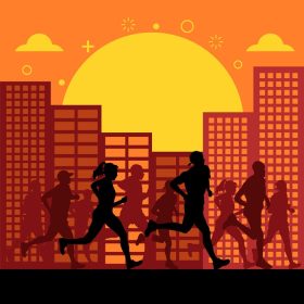 دانلود وکتور شبح های مردان و زنان در حال دویدن در خط افق شهر برای ماراتن