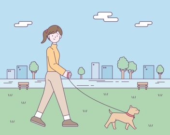 دانلود وکتور زنی با سگش در حال قدم زدن در پارکی در مرکز شهر است