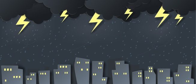دانلود وکتور پانورامای منظره شهر در شب در هنگام بارش باران و رعد و برق به سبک کاغذ برش منظره شهری در شب هنر کاغذی کاردستی دیجیتال