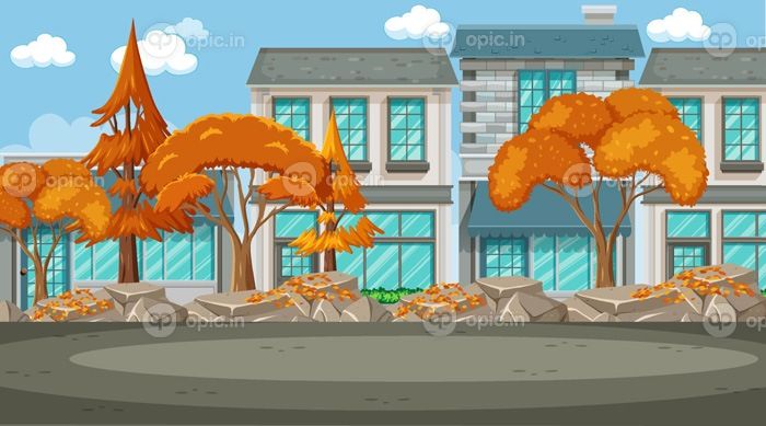 دانلود وکتور شهر خالی در روز صحنه با درختان پاییزی زیاد