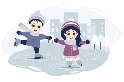 دانلود وکتور بچه ها زمستانی یک پسر و یک دختر در حال اسکیت روی پیست اسکیت در شهر در زمینه آبی با منظره شهری خانه ها و درختان