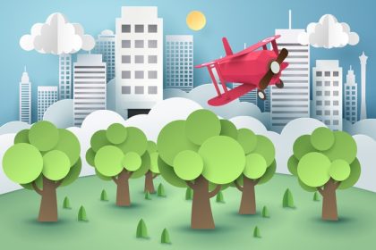 دانلود وکتور هنر کاغذی هواپیمای صورتی پرواز بر فراز جنگل و شهر اوریگامی و ایده وکتور محیط زیست پایدار جهان و تصویر وکتور هنر و تصویر