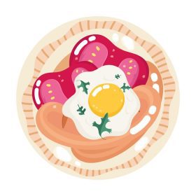 دانلود وکتور غذا منو شام کارتونی تازه سوسیس تخم مرغ سرخ شده و گوجه فرنگی روی دیس وکتور