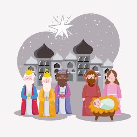 دانلود وکتور عید مبارک سه پادشاه خردمند مریم جوسپه و نوزاد در شهر بیت لحم