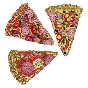 دانلود وکتور مجموعه ای از برش های پیتزا با دست کشیده با