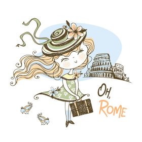 دانلود وکتور یک دختر خوب با کلاه در حال سفر در رم وکتور سفر