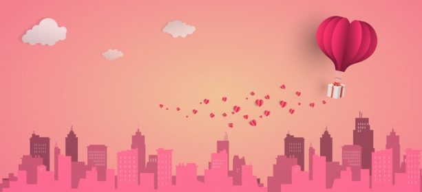 دانلود وکتور بادکنک قلب با جعبه هدیه بالای شناور شهر بنرهای روز ولنتاین مبارک به سبک کاغذی