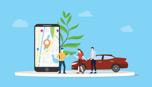 دانلود وکتور اشتراک گذاری آنلاین خودرو برای حمل و نقل شهری با مردم و گوشی های هوشمند