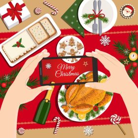 دانلود وکتور شام کریسمس خوشمزه غذای سنتی تعطیلات آبکاری دست های جشن با گوشی هوشمند عکس گرفتن از غذا