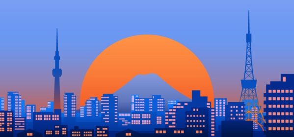 دانلود وکتور نمای شهر توکیو در غروب یا شب با غروب خورشید در تصویر برداری منظره پس زمینه