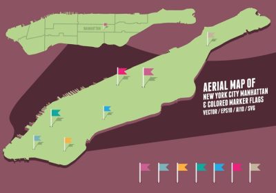 دانلود مجموعه وکتور وکتور نقشه هوایی سه بعدی محله های منهتن شهر نیویورک با پرچم های نشانگر رنگی مجموعه ای عالی برای هر نوع طرح دیگری لایه لایه کاملا قابل ویرایش حاوی AI