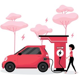 دانلود وکتور زن در حال شارژ ماشین الکتریکی برای صرفه جویی در انرژی در پس زمینه خارج از منزل
