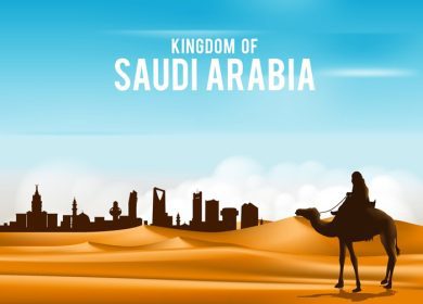 دانلود وکتور مرد عرب سوار بر شتر در شن های وسیع بیابان در خاورمیانه