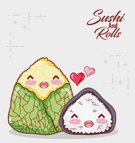 دانلود وکتور کیک برنجی کاوائی غذای کارتونی سوشی و رول ژاپنی
