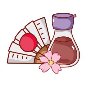 دانلود وکتور Kawaii Sake fan و ساکورا گل غذای ژاپنی کارتونی ژاپنی تصویر وکتور سوشی و رول