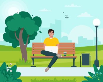 دانلود وکتور مرد آزادکار نشسته روی نیمکت با لپ تاپ در پارک تصویر برداری منظره شهر بهار یا تابستان به سبک مسطح