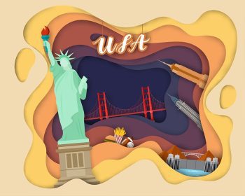 دانلود وکتور طرح برش کاغذ از سفر توریستی مفهوم سفر به آمریکا