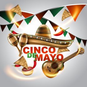 دانلود وکتور cinco de mayo مکزیکی تعطیلات سومبررو کلاه ماراکا و تاکو و غذای جشن با تصویر وکتور رنگ پرچم مکزیک