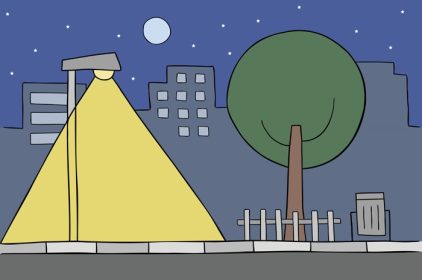 دانلود وکتور کارتون تصویر وکتور صحنه شهر در شب چراغ خیابان ساختمان درخت ستاره ها و ماه کامل