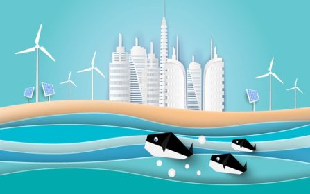دانلود وکتور نهنگ ها در دریا با ساختمان های روی ساحل شنا می کنند سبک هنری کاغذی
