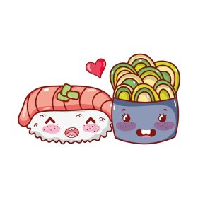دانلود وکتور کاوائی سوشی سالمون واسابی و غذای سالاد کارتون ژاپنی تصویر وکتور سوشی و رول