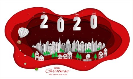 دانلود وکتور طرح هنر کاغذی سال نو مبارک با شهر سفید در پس زمینه صحنه قرمز