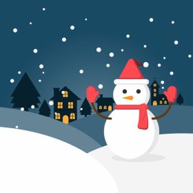 دانلود وکتور برف زمستانی و آدم برفی در حومه شهری با روستای شهر مبارک سال نو و کریسمس مبارک