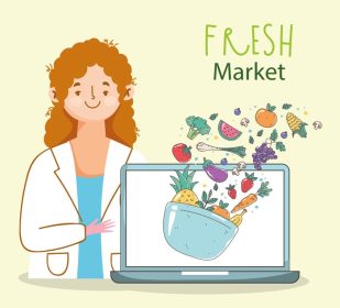 دانلود وکتور دکتر متخصص تغذیه لپ تاپ تازه بازار مواد غذایی سالم ارگانیک
