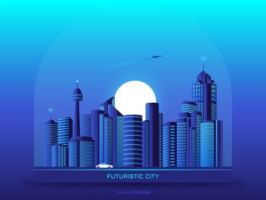 دانلود وکتور آینده نگر شهری وکتور پس زمینه با ماه کامل و شیب های آبی رنگارنگ آسمان خراش ها ساختمان هواپیما و ماشین
