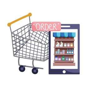 دانلود وکتور بازار آنلاین گوشی هوشمند سبد خرید دکمه سفارش تحویل غذا در فروشگاه مواد غذایی وکتور تصویر