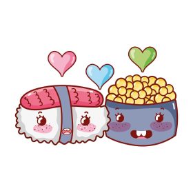 دانلود وکتور سوشی کاوایی و خاویار عاشق غذای کارتون ژاپنی تصویر وکتور سوشی و رول