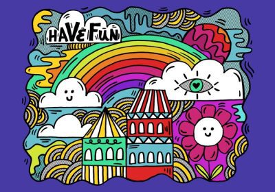 دانلود وکتور یک تصویر رنگارنگ سرگرم کننده منظره شهری با گل رنگین کمان ابرها لبخند